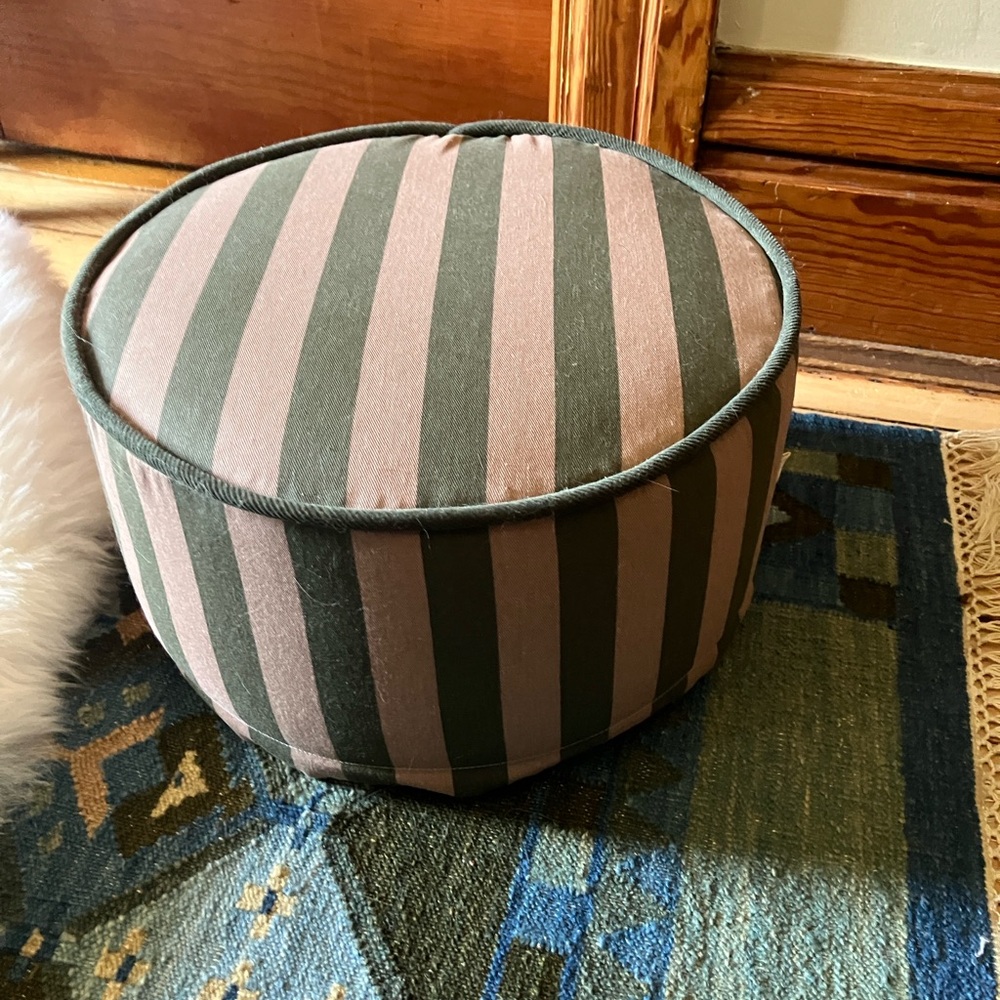 Lightly Used nobodinoz Majestic Round Stool Green Taupe Stripes Pouf Kids Room - Picture 5 of 7